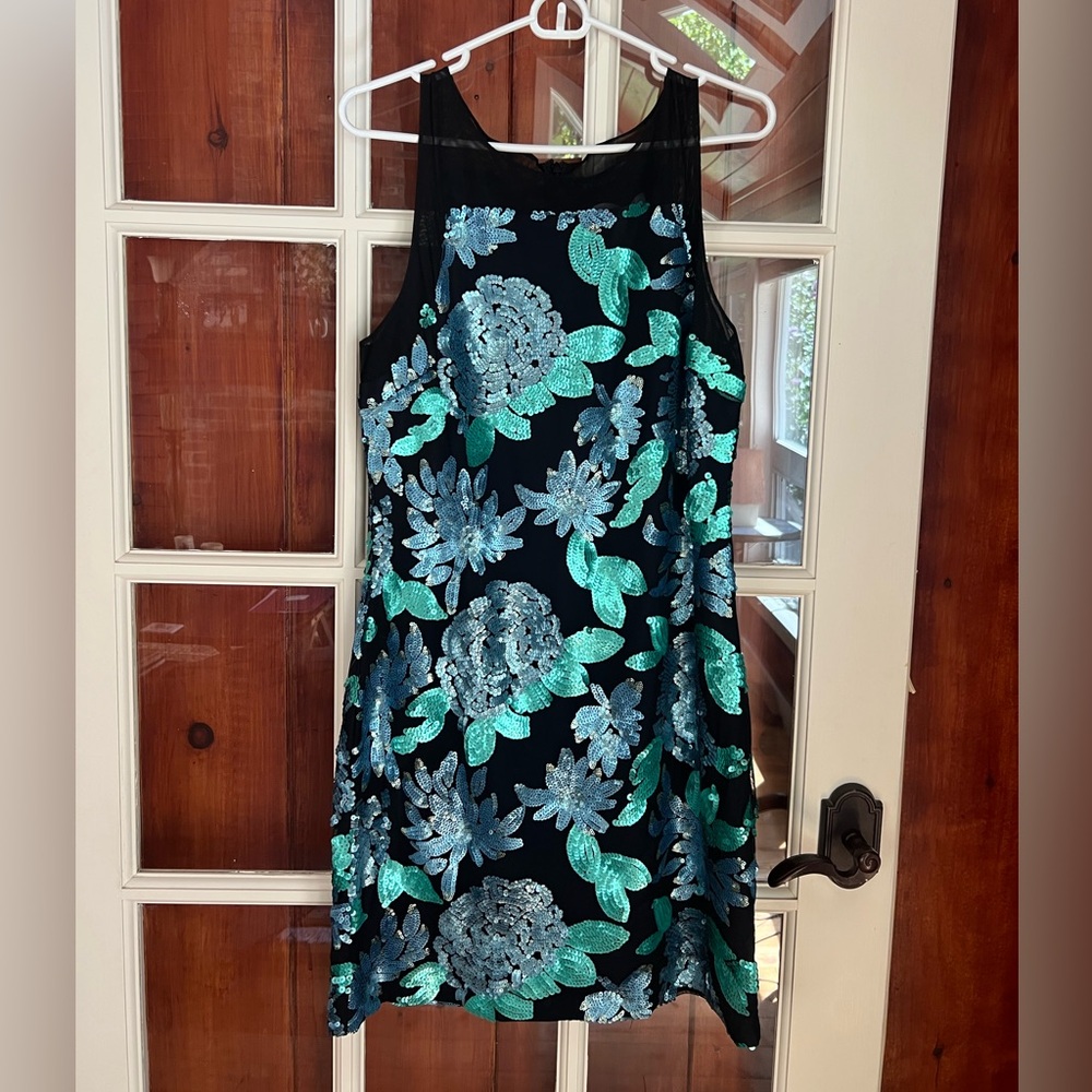 Badgley Mischka Black Cocktail Mini Dress with floral blue and teal sequins